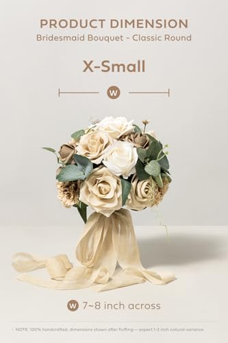 Ling's moment Artificial Bridesmaid Bouquets Set of 4,Oatmeal Beige Wedding Flower Bouquets Floral Bouquet Bridal Bouquets with Ribbon Ceremony Anniversary,7-inch Diameter - color: Br-beige