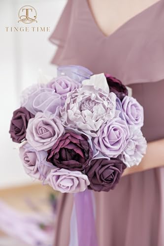 TINGE TIME 7 Inch Artificial Flowers Wedding Bouquets for Bridesmaid, Set of 4, Lavender Bride Tossing Bouquet for Wedding Ceremony Festivals Bridal Shower Rehearsal Dinner Vintage Party - color: Lavender & Plum