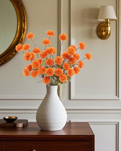 DuHouse 6pcs Artificial Flowers Faux Silk Pompon Mum,Silk Small Mini Chrysanthemum Ball with Stems for DIY Bouquets Centerpieces Vase Home Table Kitchen Decorations(Orange) - color: Orange, size: 6pcs
