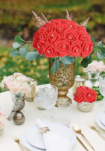 IPOPU 100pcs Red Foam Rose Artificial Flower Bulk with Crystal 3in Real Looking Stemless Fake Roses for DIY Craft Wedding Bouquets Wall Decoration Bridal Shower Arrangement Home Decorations(Red) - color: Red With Crystal