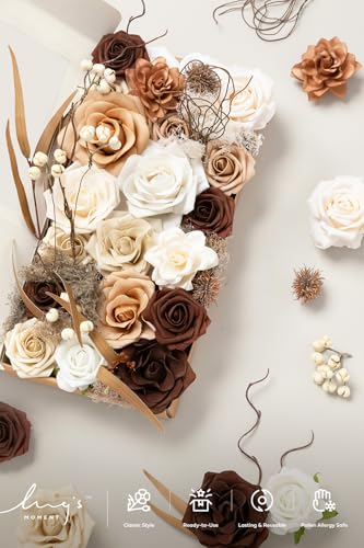 Ling's moment Fake Flowers Box, Faux Artificial Greenery Stems Foam Roses Gardenia Silk Willow Fabic Flower for Centerpieces Bouquet Wedding Vase Decorations, Sand Beige & Walnut Brown, Deluxe Combo - color: Beg-sand Beige & Walnut Brown, size: Deluxe
