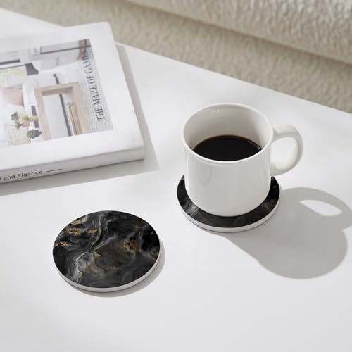 Set of 6 Abstract Black Marble Coasters with Holder, Absorbent Ceramic Coasters for Drinks, Coasters with Cork Backing for Table Protection, Housewarming Gifts for New Home - color: Abstract Black Marble