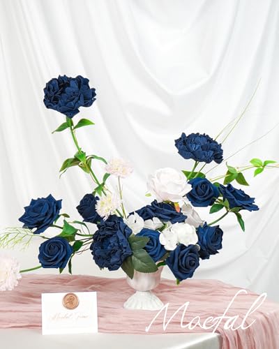 24pcs Navy Blue Artificial Flowers Combo, Faux Foam Roses & Peonies Fake Flowers with Stems for DIY Wedding Bouquets, Table Centerpieces, Bridal Shower, Cake Flowers & Home Party Decorations - color: Blu-navy Blue