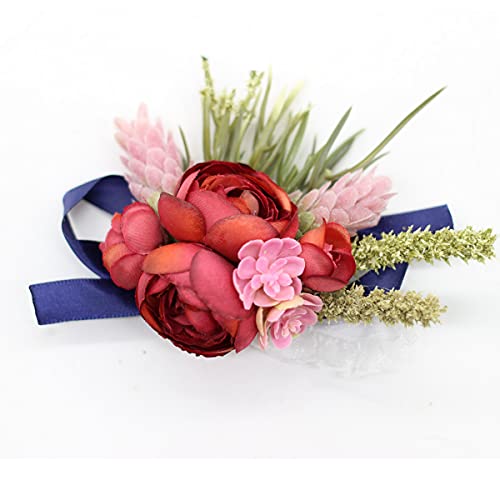 Corsage and Boutonniere Set, Handmade Artificial Peony Rose Wrist Corsage Wristlet and Groom Boutonniere for Men Wedding Prom Suit Decorations (Burgundy Red Navy Blue) - color: Burgundy Red Navy Blue