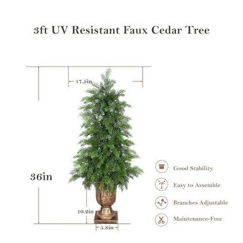 Bellacat 3ft UV Resistant Topiary Trees Artificial Outdoor with Urn Planter & Soft Real Touch Leaves, 36in Lifelike Faux Cedar Tree, Fake Cypress Tree for Front Door Porch Patio Deck Home Decor, 2Pack - color: Golden Urn Planter-2pack, size: 3ft