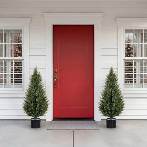 Artificial Cedar Trees 3FT Faux Cedar Topiary Evergreen Plants UV Resistant Outdoor Indoor Fake Cypress Pine Trees with Planter for Front Porch Entryway Patio Garden Home Decor Set of 2 - size: 3ft