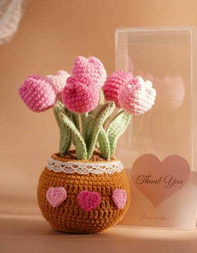 Thank You Gifts for Teachers Crochet Tulips Flower Pot - Handmade Large Crochet Flowers for Women, Graduation End of Year Appreciation Gifts, Positive Tulip Flower Gift for Boss Manager, Pink - color: Pink