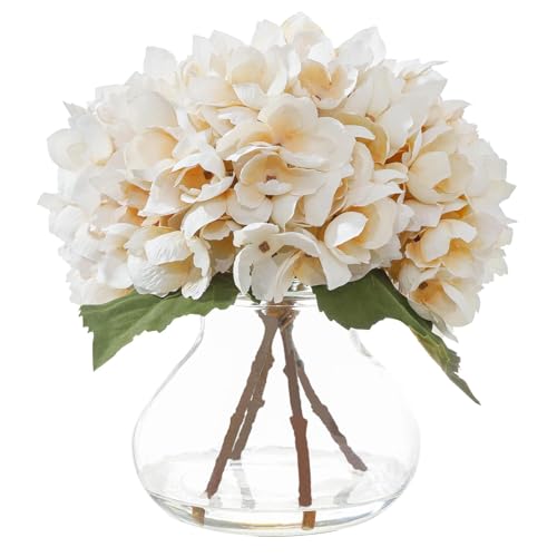 White Artificial Hydrangea Flowers with Glass Vase, Faux Floral Arrangements with Fake Water, Lifelike Hydrangeas Table Centerpieces for Dining Room, Coffee Table, Bathroom Decor - color: D-white