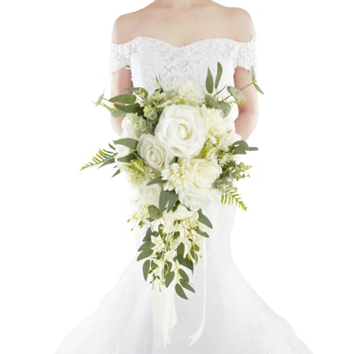 Bridal Bouquet Cascading, White & Green Wedding Bouquets for Bride Bridesmaid 10" Artificial Flowers Bouquet for Wedding Decor - color: White & Green