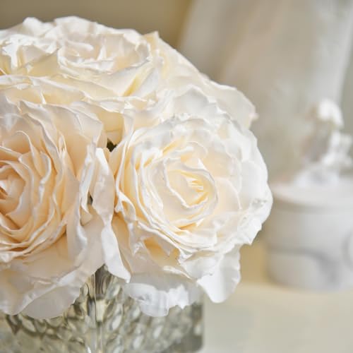 Artificial Rose in Glass Vase Vintage Silk Flower Arrangement with LED Light for Table Centerpiece Home Wedding Decoration (Cream) - color: Cream