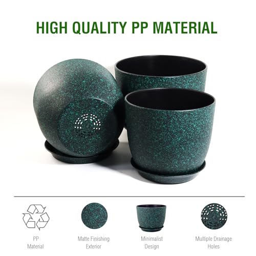 WSMKSZ Plant Pots 10/9/8 inch, Set of 3 Modern Decorative Plastic Planters with Drainage Holes and Saucers for Garden House Plants, Flower Pots for Indoor Outdoor Plants, Black with Green Speckles - color: Black With Green Speckles, size: 10"+9"+8"