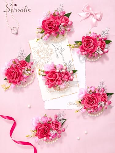 Serwalin 6 PCS Hot Pink Wrist Corsage for Wedding, Corsages Wristlet for Bride Bridesmaid Mother Grandmother Girl, Artificial Flowers for Prom Ceremony Homecoming Anniversary - color: Hot Pink, size: Corsage 6pcs
