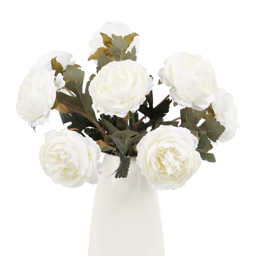 IPOPU 10pcs White Peonies Artificial Flowers Real Touch Silk Peonies with Stems Fake Peony for DIY Wedding Bouquets Bridal Shower Centerpieces Arrangements Party Tables Decorations - color: White