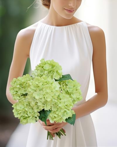 6PCS Green Hydrangea Artificial Flowers arrangments, Bulk Silk Fake Flower with Stems, Faux Hydrangeas Bouquets for Home Décor, Wedding, Party, and Office Table Centerpieces. - color: Green