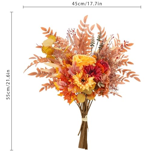 2 Pcs Artificial Fall Flowers Bouquets, 21.6” Autumn Fake Silk Orange Flowers Wedding Bouquets with Fall Florals Stems for Bridal Bridesmaid, Rustic Home Thanksgiving Table Centerpiece Decor - size: 2 Pcs