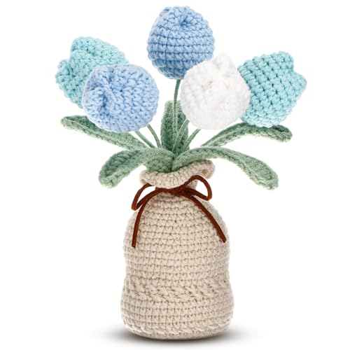 Marsui Crochet Knitting Tulip Bouquet with Vase 7" Knitted Artificial Forever Tulip Handmade Woven Flower with Exquisite Pot Gift for Father's Gifts Back to School Gift Family Home Desk Decor(Blue) - color: Blue, style: Tulip