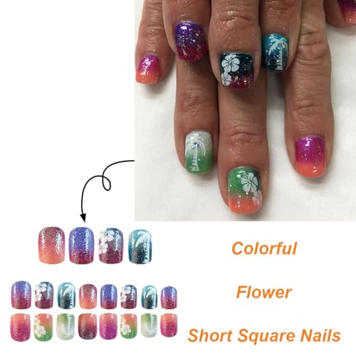 Flower Press on Nails Short Almond French Tip Fake Nails Multicolor False Nails with Charms Colorful Designs White Flower Glossy Full Cover Glue on Nails Xmas Acrylic Nails for Women Girls 24 Pcs - color: Flower Square2