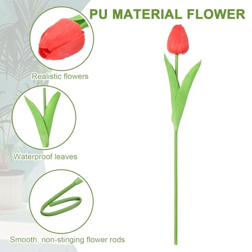 uxcell 20pcs Tulips Artificial Flowers, Faux Flowers Silk Fake Tulip Stems Real Touch for Wedding Bouquet Centerpiece Table Party Decoration(Red) - color: Red