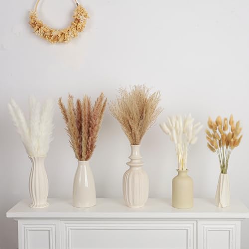 Dried Pampas Grass Bouquet White and Brown Boho Floral Arrangement Wedding Decor and Rustic Home Decor Faux Pampas Grass Tall Centerpiece for Table and Vase (Beige Cloud Bouquet) - color: Beige Cloud Bouquet