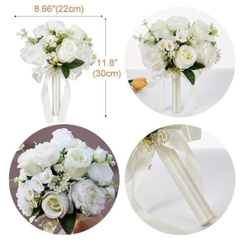 CYANLUX Wedding Bouquets for Bride Bridesmaid Bouquet Champagne White Artificial Roses Flowers for Wedding Valentine's Day Church Home Decoration… (White Rose) - color: White Rose