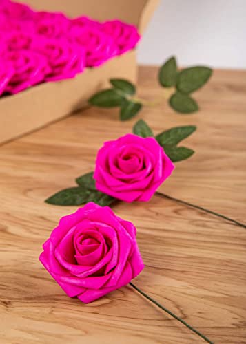 25pcs Artificial Flower Foam Rose Real Touch Roses Flower Heads with Stem for DIY Wedding Bouquets Centerpieces Arrangements Party Baby Shower Home Decor (Hot Pink) - color: Hot Pink