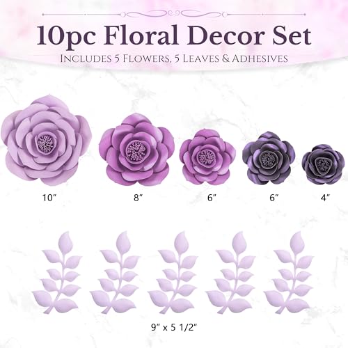 Rainbows & Lilies 10pc Large Paper Flowers Decorations for Wall – 3D Flower Wall Backdrop for Nursery, Girls Room, Baby Shower, Wedding, Bridal Shower – Pre-Assembled Reusable Purple Rose Decor Set