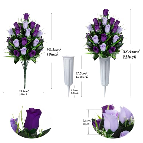 Artificial Cemetery Flowers - Set of 2 Grave Memorial Rose Flowers with Vase for Cemetery Headstones Gravesites Decoration (Dark Purple&Light Purple) - color: Dark Purple&light Purple