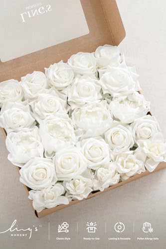 Ling's moment Artificial Flowers Fake Roses Faux Peony Foam Gardenia Combo for DIY Wedding Bouquets Centerpieces Arrangements Bridal Shower Party Home Decorations, White, 23pcs - color: Wht-white