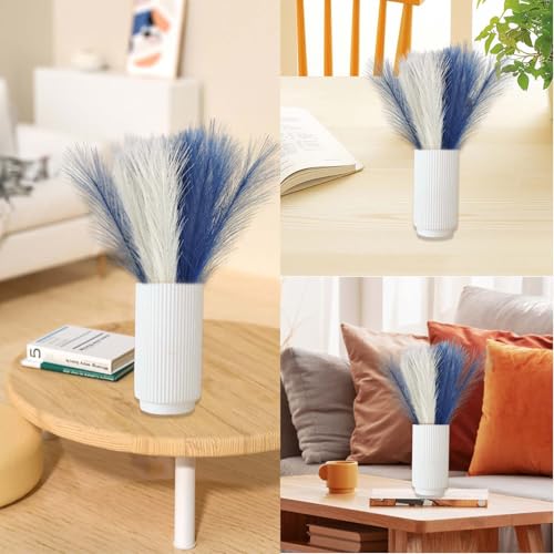 Blue and White Pampas Grass Decor, 30 Pcs 17" Navy Blue & White Flowers Short Fluffy Artificial Faux Pampas Grass Stems, Fake Bulrush Floor Vase Filler Flower Arrangement for Boho Home Decor - color: Blue and White