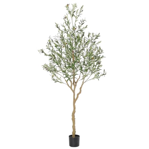 Nafresh Tall Faux Olive Tree，7ft（84in） Realistic Potted Silk Artificial Indoor with Green Leaves and Big Fruits for Home Office Living Room Bedroom Stairs Foyer Decor. - size: 7ft