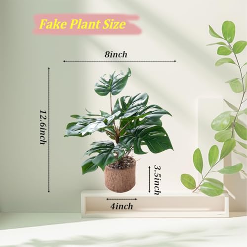 12.6" Fake Plant with Rustic Ceramic Vase, Faux Monstera Plant Indoor, Realistic Looking Small Artificial Farmhouse Plant, Medium Artificial Plants Bathroom Kitchen Housewarming Gift