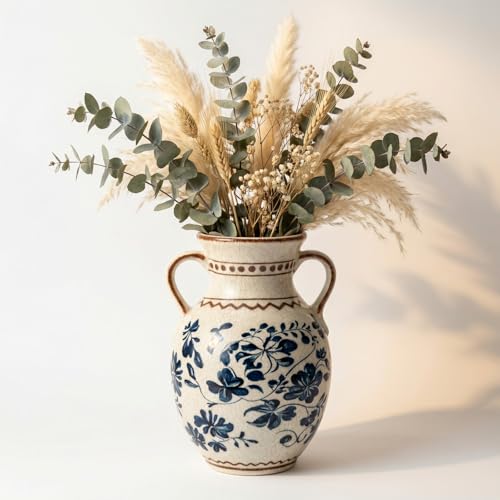 EFISPSS Ceramic Vintage Vase,Spring Decor Unique Chinese Crackle Floral Handle for Dining Room Mantle Living Room,Blue - color: Blue