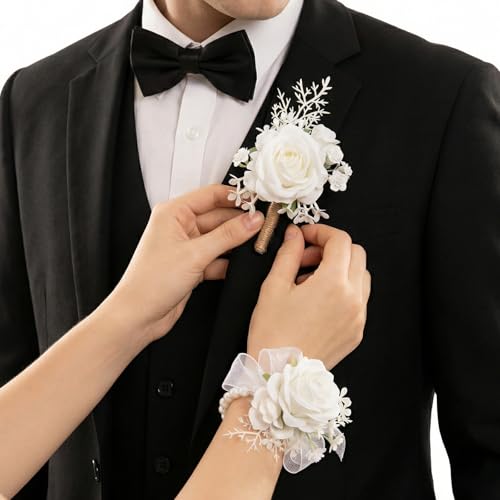 Grevosea 2 Pcs White Rose Corsage and Boutonniere Set, Artificial Wrist Double Pearl Corsage Wristlet Bracelets, Men Boutonniere for Wedding Party Formal Dinner Flowers Accessories Prom Suit Decor - color: White