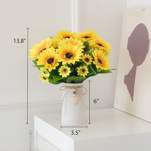 Artificial Sunflower Arrangement in Cream Vase, Silk Fake Flowers in Vase with Jute Rope & Heart Charm, Table Centerpieces for Dining Room, Kitchen and Table Décor - color: White Vase