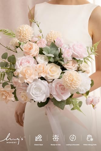 Ling's moment Blush Pink Bridal Bouquet Cascading, Coral Wedding Bouquets for Bride, 15 Inch Free Form Artificial Wedding Flower Bouquet - color: Pk-blush & Cream, size: Medium 15 Inch