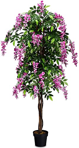 Goplus 6FT Ficus Artificial Tree, Fake Wisteria Tree in Nursery Pot, Greenery Faux Floor Plant, Tall Artificial Plants for Indoor Outdoor Bedroom Living Room Decor - color: Rosy, size: 6ft