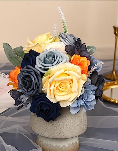 Navy Blue Artificial Flower Box, Silk Dahlia Rose Faux Flowers with Stems for DIY Wedding Bouquets Centerpieces Arrangements Table Decor Baby Shower Party - color: Adela Classic Navy Blue