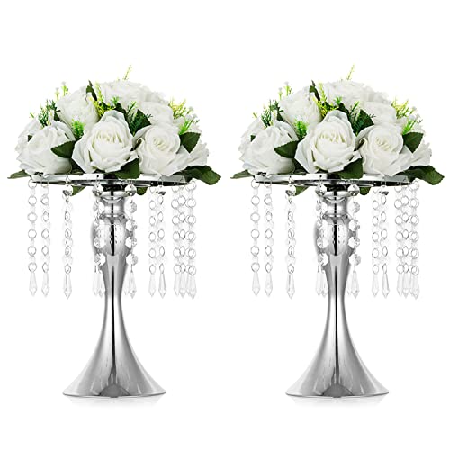 Nuptio 2 Pcs Tabletop Metal Wedding Flower Vase, 10.2in/26cm Height Vases for Centerpieces Silver Crystal Flower Stand for Anniversary Ceremony Party Birthday Event Aisle Home Decoration - color: Silver, size: 2 x S