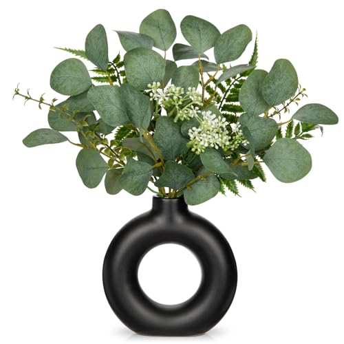 Artificial Eucalyptus Stems in Ceramic Vase 14.23" Fake Eucalyptus Plant Decor Black Donut Vase with Greenery Centerpiece Table Decorations Small Faux Green Plant for Home Farmhouse Wedding Table - color: Black