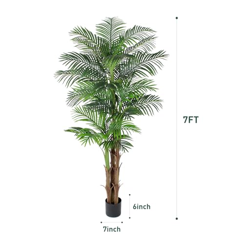 Tall Triple Golden Cane Palm Artificial Tree 7ft, Large Topical Fake Tree with 24 Realistic Leaves Artificial Plants in Pot for Indoor Outdoor Home Office Living Room - style: 7 ft