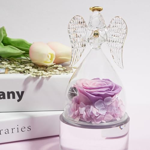 Miofula Gifts for Mom Birthday Gifts for Women, Preserved Flowers Rose in Glass Angel Figurines, Fresh Flowers for Delivery Anniversary Forever Real Roses Gifts for Mothers Grandma Her Wife Girlfriend - color: Pink+purple