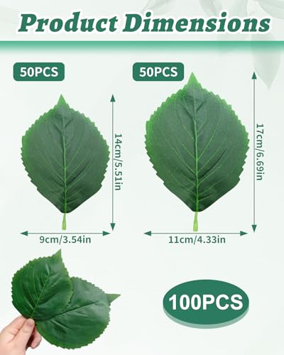 100 Pack Artificial Large Hydrangea Leaves Green Plastic Fake Leaves Stem for DIY Crafts Artificial Hydrangea Leaves Stem Two Sizes 4.3x6.7 Inch 3.5x5.5 Inch for Wedding Bouquets Home Decor