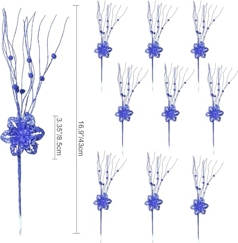 10pcs Artificial Glitter Poinsettia Flower Berry Stem Ornaments Christmas Tree Picks Branches for Xmas Tree Decorations Gift Home Wedding Holiday Party Decor, Royal Blue - color: Royal Blue