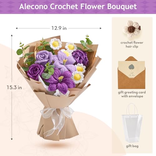 Alecono Crochet Flower Bouquet, Purple Knitted Flowers, Large Knitted Flower for Graduation Anniversary Party Christmas Festival Gifts (Include Card) - color: Lavender, size: X-Large