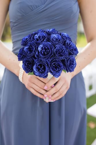 Glitter Roses,30PCS Royal Blue Flowers Artificial Roses with Stems for Wedding Bouquet Party Christmas Home Decor(Royal Blue) - color: Royal Blue