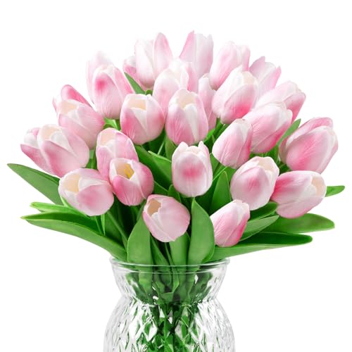 U'Artlines 30Pcs Fake Tulips Artificial Flowers with Stems Faux Tulips Bouquet Real Touch Flower for Wedding Home Kitchen Spring Easter Mother's Day Floral Arrangement Decor (Light Pink) - color: Light Pink