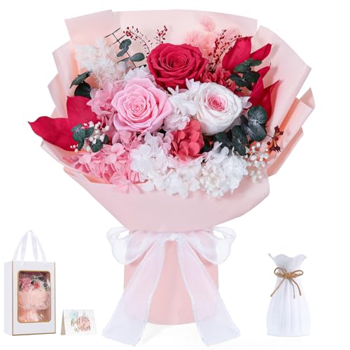 Lewondr Flower for Delivery, Preserved Flowers Bouquet, Pink Roses Bouquet, Real Long-Lasting Forever Birthday Flowers Gifts for Mom Women Wife Grandma Her Mothers Day Anniversary, Light Rose - color: Pink