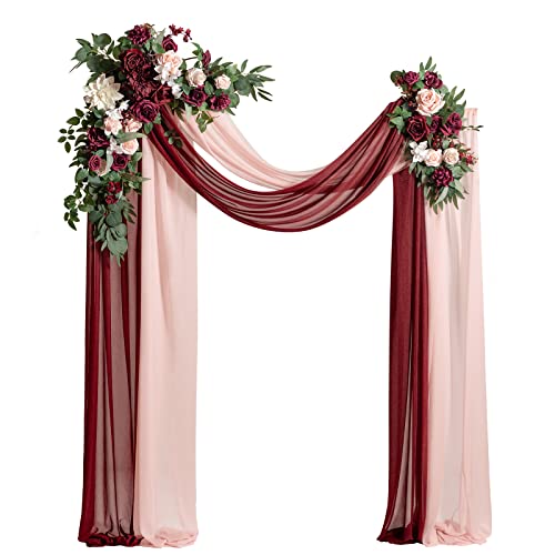 Ling's moment Red Pink Blush Artificial Wedding Arch Flowers Kit Pack of 4, 2pcs Hanging Flower Arrangement 2pcs Chiffon Drapes Ceremony Reception Fake Rose Arbor Backdrop Floral Party Outdoor Decor - color: Red-marsala & Blush 01