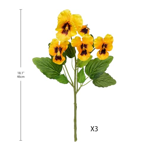 Yellow Artificial Flowers 3 Pack Pansy Flowers Artificial Silk Flowers 18" Realistic Fake Flowers for Decoration Spring Faux Flowers for Vase Home Indoor Wedding Flower Bouquet Table Centerpiece Decor - color: Yellow