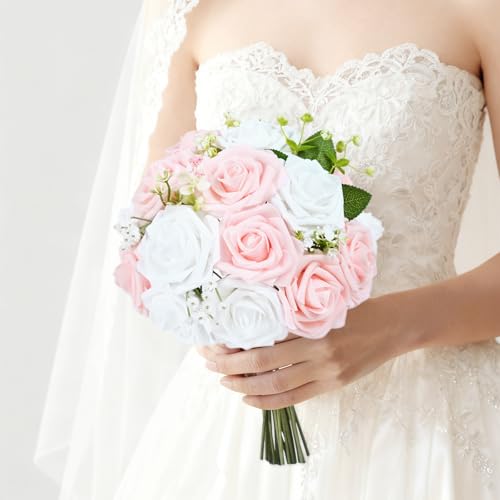 25 Pcs Artificial Flowers Fake Rose with Stems - White Real Touch Foam Roses for DIY Wedding Bouquet Bridal Shower Cake Toppers Centerpiece Table Valentines Day Decorations - color: White, size: 25Pcs